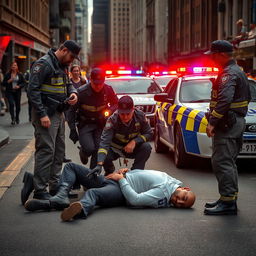 A dramatic scene on a city street featuring a person lying on the ground in a distressed state, surrounded by several police officers in uniform