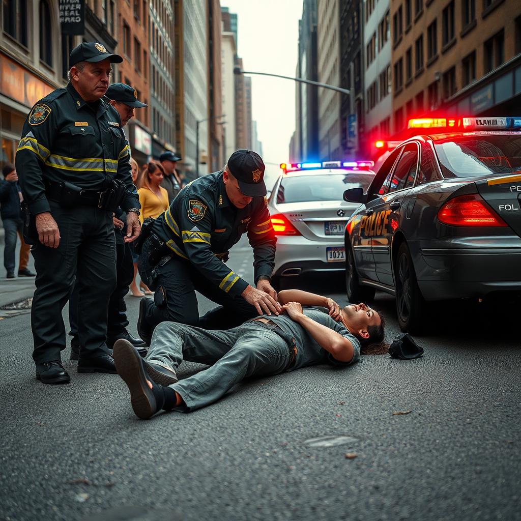 A dramatic scene on a city street featuring a person lying on the ground in a distressed state, surrounded by several police officers in uniform