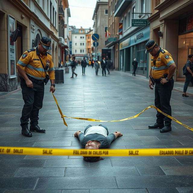 A somber scene depicting a deceased person lying on the floor in a public space in Ecuador, surrounded by police officers in uniform