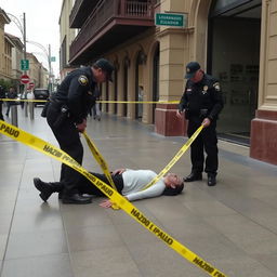 A somber scene depicting a deceased person lying on the floor in a public space in Ecuador, surrounded by police officers in uniform