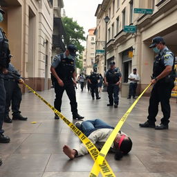 A somber scene depicting a deceased person lying on the floor in a public space in Ecuador, surrounded by police officers in uniform