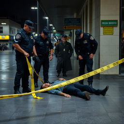 A somber scene depicting a deceased person lying on the floor in a public space in Ecuador, surrounded by police officers in uniform