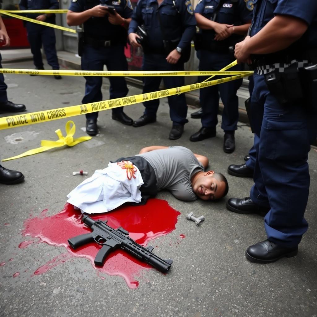 The scene depicts a deceased person lying on the ground with a pool of blood surrounding them