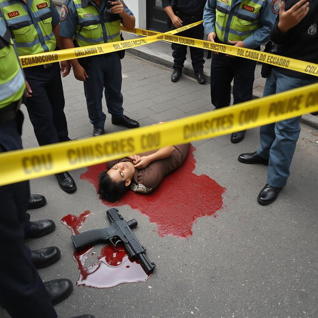 The scene depicts a deceased person lying on the ground with a pool of blood surrounding them