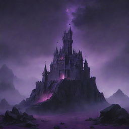 A vast, imposing castle shrouded in purple hues under a night sky. The structure presents a semi-realistic, game asset anime style, prominently featuring cracked stones with a volcanic lava floor and enveloped in swathes of purple fog evoking a dark, evil ambiance.