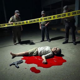 A night scene depicting a deceased individual lying on the ground, surrounded by a pool of blood