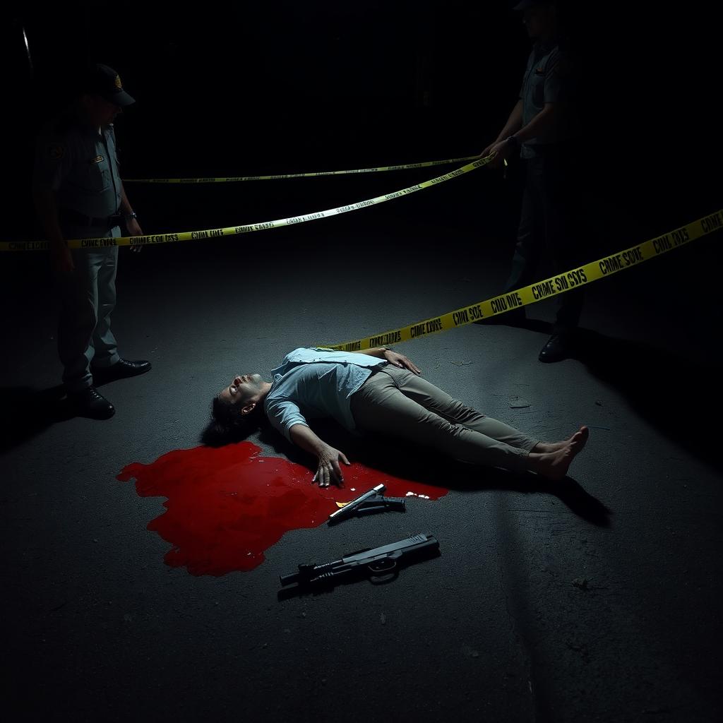 A night scene depicting a deceased individual lying on the ground, surrounded by a pool of blood