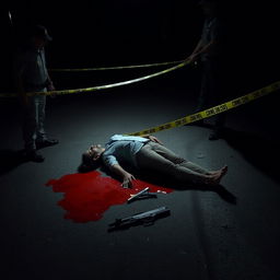 A night scene depicting a deceased individual lying on the ground, surrounded by a pool of blood