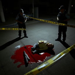 A night scene depicting a deceased individual lying on the ground, surrounded by a pool of blood