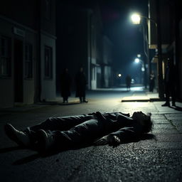 A nighttime scene showcasing a dimly lit street, illuminated by a flickering streetlight