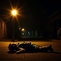 A nighttime scene showcasing a dimly lit street, illuminated by a flickering streetlight