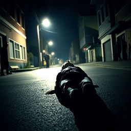 A nighttime scene showcasing a dimly lit street, illuminated by a flickering streetlight