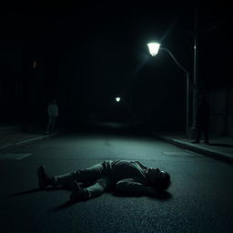 A nighttime scene showcasing a dimly lit street, illuminated by a flickering streetlight