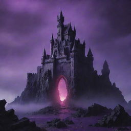 A vast, imposing castle shrouded in purple hues under a night sky. The structure presents a semi-realistic, game asset anime style, prominently featuring cracked stones with a volcanic lava floor and enveloped in swathes of purple fog evoking a dark, evil ambiance.