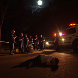 A nighttime scene depicting a crime scene where a body lies on the ground, having succumbed to a robbery