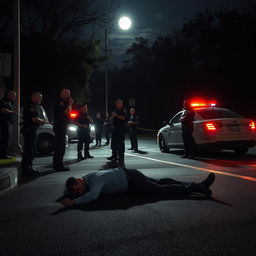 A nighttime scene depicting a crime scene where a body lies on the ground, having succumbed to a robbery