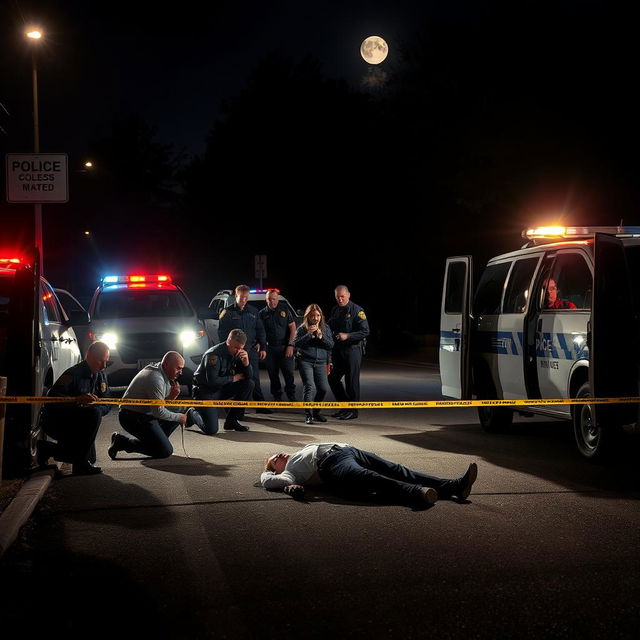 A nighttime scene depicting a crime scene where a body lies on the ground, having succumbed to a robbery