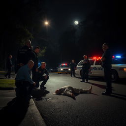 A nighttime scene depicting a crime scene where a body lies on the ground, having succumbed to a robbery