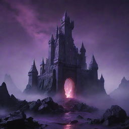 A vast, imposing castle shrouded in purple hues under a night sky. The structure presents a semi-realistic, game asset anime style, prominently featuring cracked stones with a volcanic lava floor and enveloped in swathes of purple fog evoking a dark, evil ambiance.