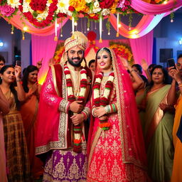 A beautifully decorated traditional wedding scene featuring a happy couple in elegant attire, surrounded by vibrant flowers and intricate decorations