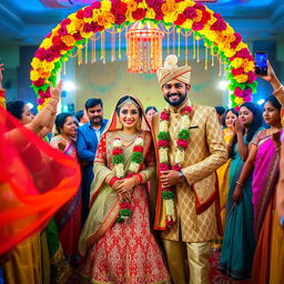 A beautifully decorated traditional wedding scene featuring a happy couple in elegant attire, surrounded by vibrant flowers and intricate decorations