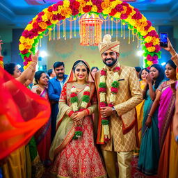 A beautifully decorated traditional wedding scene featuring a happy couple in elegant attire, surrounded by vibrant flowers and intricate decorations