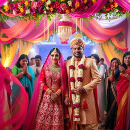 A beautifully decorated traditional wedding scene featuring a happy couple in elegant attire, surrounded by vibrant flowers and intricate decorations