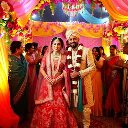 A beautifully decorated traditional wedding scene featuring a happy couple in elegant attire, surrounded by vibrant flowers and intricate decorations