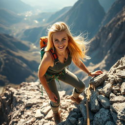 A confident and adventurous blonde woman in stylish climbing gear is scaling a majestic mountain