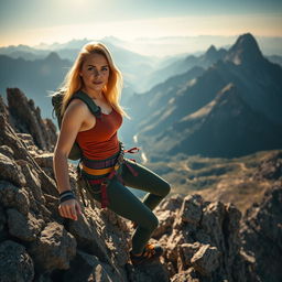 A confident and adventurous blonde woman in stylish climbing gear is scaling a majestic mountain