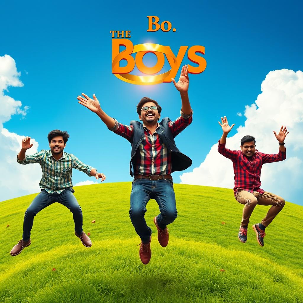 A cinematic adventurous film poster titled 'The Boys' featuring three 27-year-old Indian men, each representing a unique characteristic: one is deaf, another is blind, and the third is mute