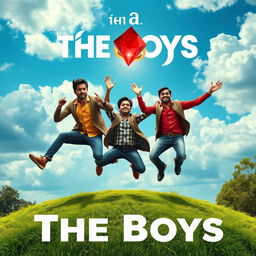 A cinematic adventurous film poster titled 'The Boys' featuring three 27-year-old Indian men, each representing a unique characteristic: one is deaf, another is blind, and the third is mute