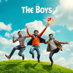 A cinematic adventurous film poster titled 'The Boys' featuring three 27-year-old Indian men, each representing a unique characteristic: one is deaf, another is blind, and the third is mute