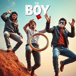 A colorful and comedic cinematic close-up poster titled 'The Boys' featuring three 27-year-old modern Indian men in humorous and adventurous poses as they try to catch a small red diamond magical ring