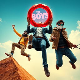 A colorful and comedic cinematic close-up poster titled 'The Boys' featuring three 27-year-old modern Indian men in humorous and adventurous poses as they try to catch a small red diamond magical ring