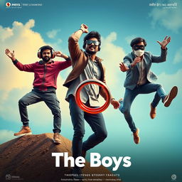 A colorful and comedic cinematic close-up poster titled 'The Boys' featuring three 27-year-old modern Indian men in humorous and adventurous poses as they try to catch a small red diamond magical ring