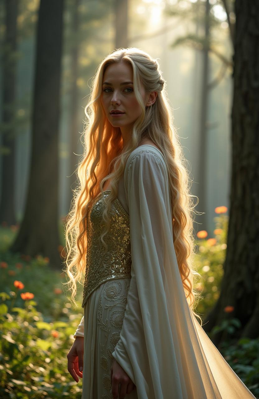 A high-resolution live-action depiction of Lady Galadriel in her 40s, the noble elven queen from the Lord of the Rings