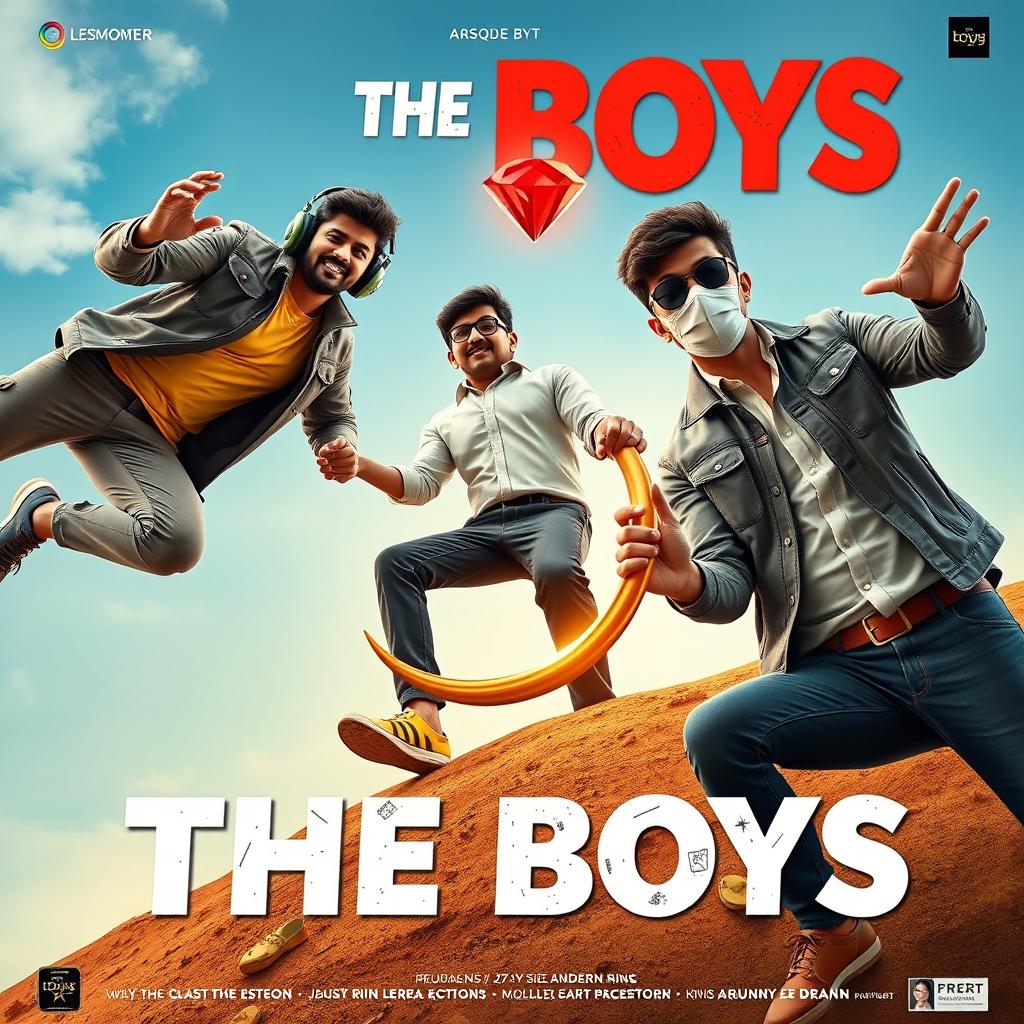 A colorful and comedic cinematic close-up poster titled 'The Boys' featuring three 27-year-old modern Indian men in humorous and adventurous poses as they try to catch a small red diamond magical ring