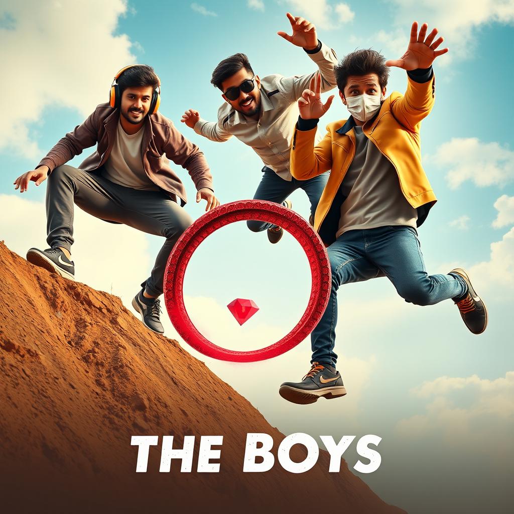 A cinematic funny close-up poster titled 'The Boys' showcasing three 27-year-old modern Indian men in a humorous and dynamic scene as they attempt to catch a small red diamond magical ring