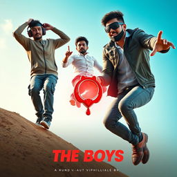 A cinematic funny close-up poster titled 'The Boys' showcasing three 27-year-old modern Indian men in a humorous and dynamic scene as they attempt to catch a small red diamond magical ring