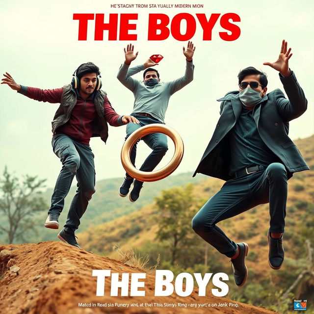 A cinematic funny close-up poster titled 'The Boys' showcasing three 27-year-old modern Indian men in a humorous and dynamic scene as they attempt to catch a small red diamond magical ring