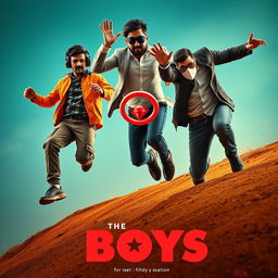 A cinematic funny close-up poster titled 'The Boys' showcasing three 27-year-old modern Indian men in a humorous and dynamic scene as they attempt to catch a small red diamond magical ring