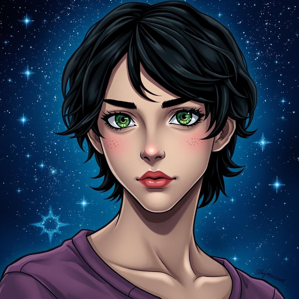 A captivating book cover featuring the main character with medium-short, wavy black hair, fair skin, well-defined lips, a slightly upturned nose, striking green eyes, long eyelashes, a fringe, and subtle freckles