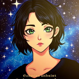 A captivating book cover featuring the main character with medium-short, wavy black hair, fair skin, well-defined lips, a slightly upturned nose, striking green eyes, long eyelashes, a fringe, and subtle freckles