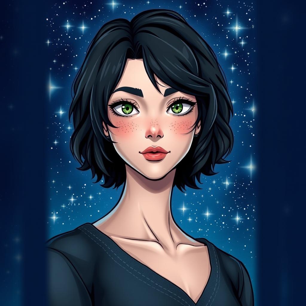 A captivating book cover featuring the main character with medium-short, wavy black hair, fair skin, well-defined lips, a slightly upturned nose, striking green eyes, long eyelashes, a fringe, and subtle freckles