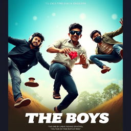 A vibrant and humorous close-up cinematic poster titled 'The Boys' featuring three 27-year-old modern Indian men engaged in a comical chase for a small red diamond magical ring