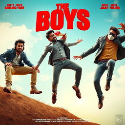 A vibrant and humorous close-up cinematic poster titled 'The Boys' featuring three 27-year-old modern Indian men engaged in a comical chase for a small red diamond magical ring