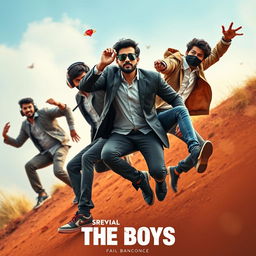 A vibrant and humorous close-up cinematic poster titled 'The Boys' featuring three 27-year-old modern Indian men engaged in a comical chase for a small red diamond magical ring