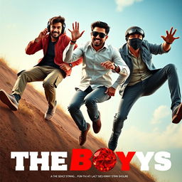 A vibrant and humorous close-up cinematic poster titled 'The Boys' featuring three 27-year-old modern Indian men engaged in a comical chase for a small red diamond magical ring