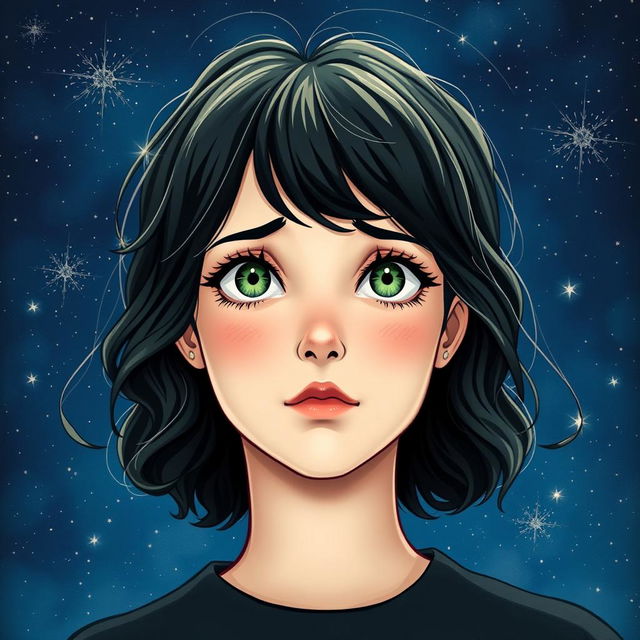 A poignant book cover featuring the main character with medium wavy black hair, fair skin, well-defined lips, a slightly upturned nose, striking green eyes, long eyelashes, a fringe, and subtle freckles